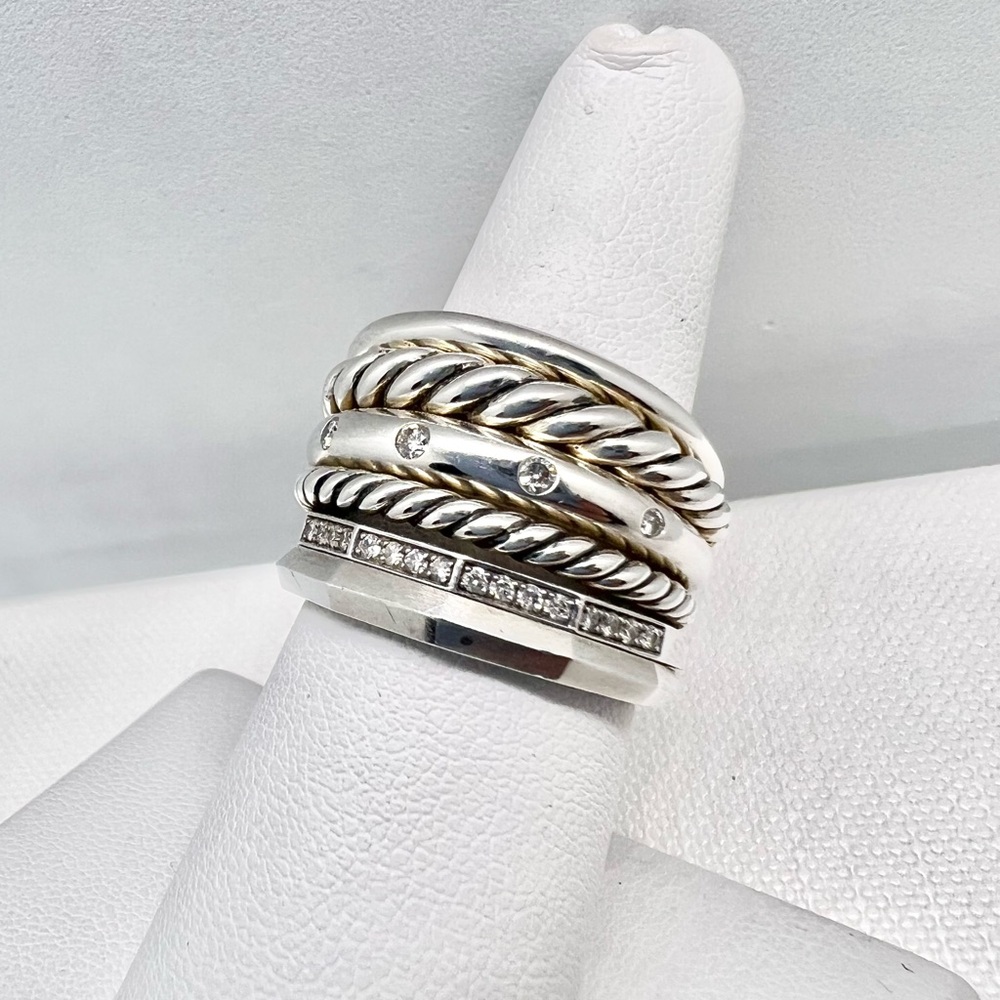 David Yurman Sterling Silver Pave Diamond Stax Six Row Band Ring - Picture 5 of 11